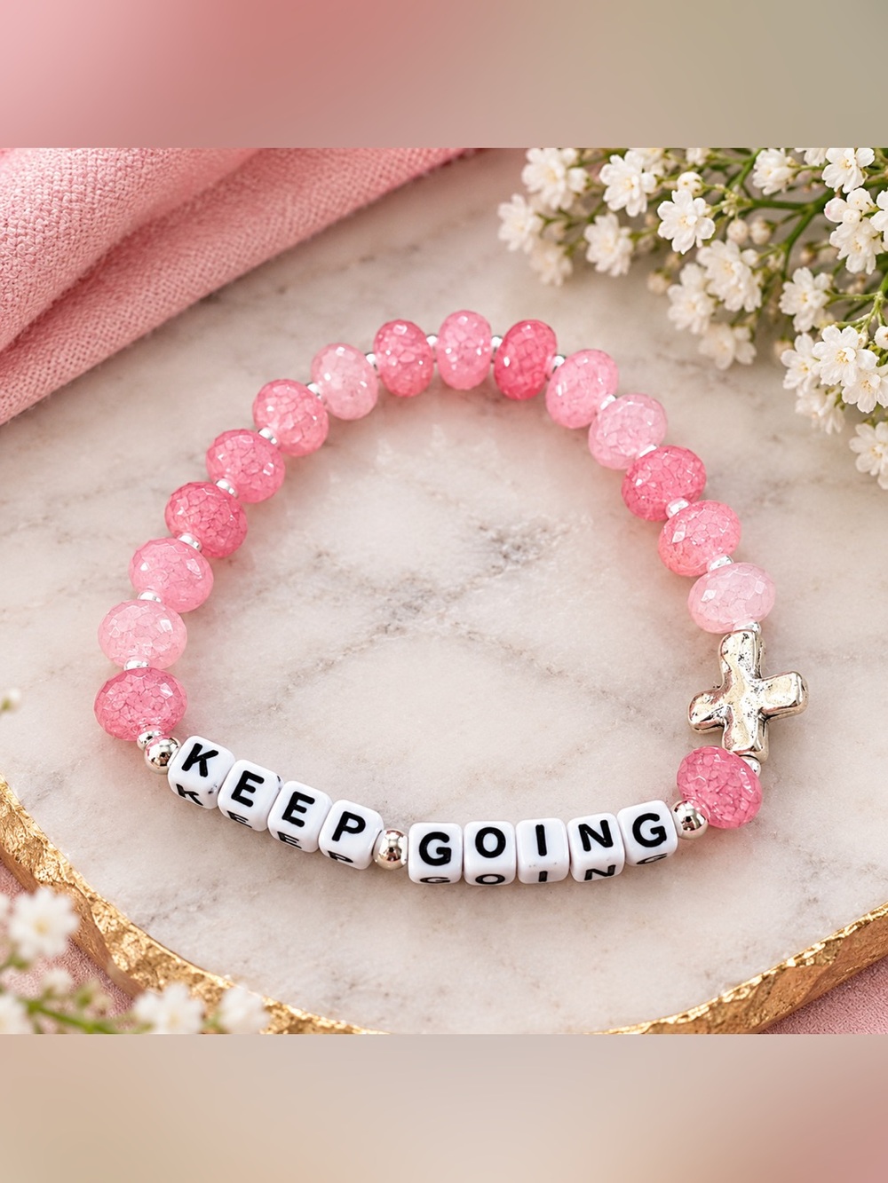 Keep Going Pink Beaded stretch Inspirational Bracelet with Silver Cross Charm